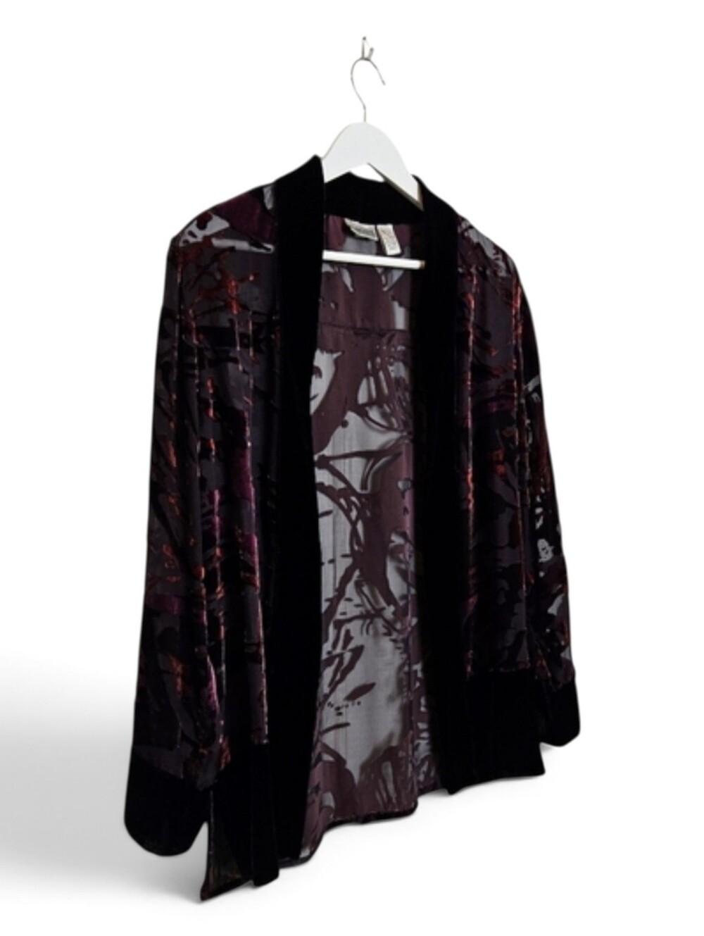 Chico's Kimono Jacket Size 0 Velvet Burnout Sheer Floral Whimsigoth Burgundy Red